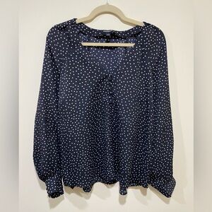 Express Black and White Polkadot V-neck Blouse with Button Details